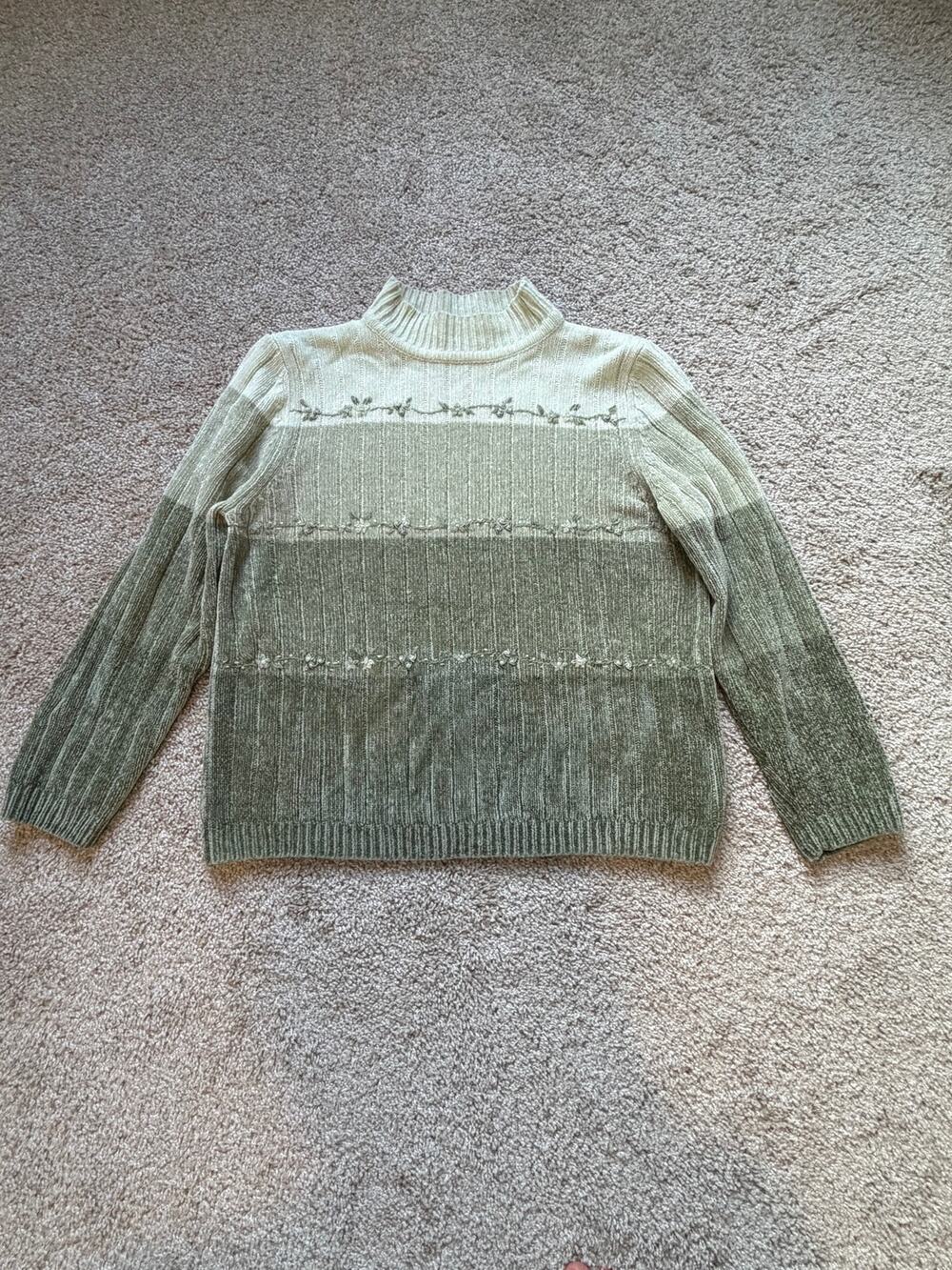 Alfred Dunner Green Striped Chenille Mock Neck Sweater Cozy Floral Embroidered